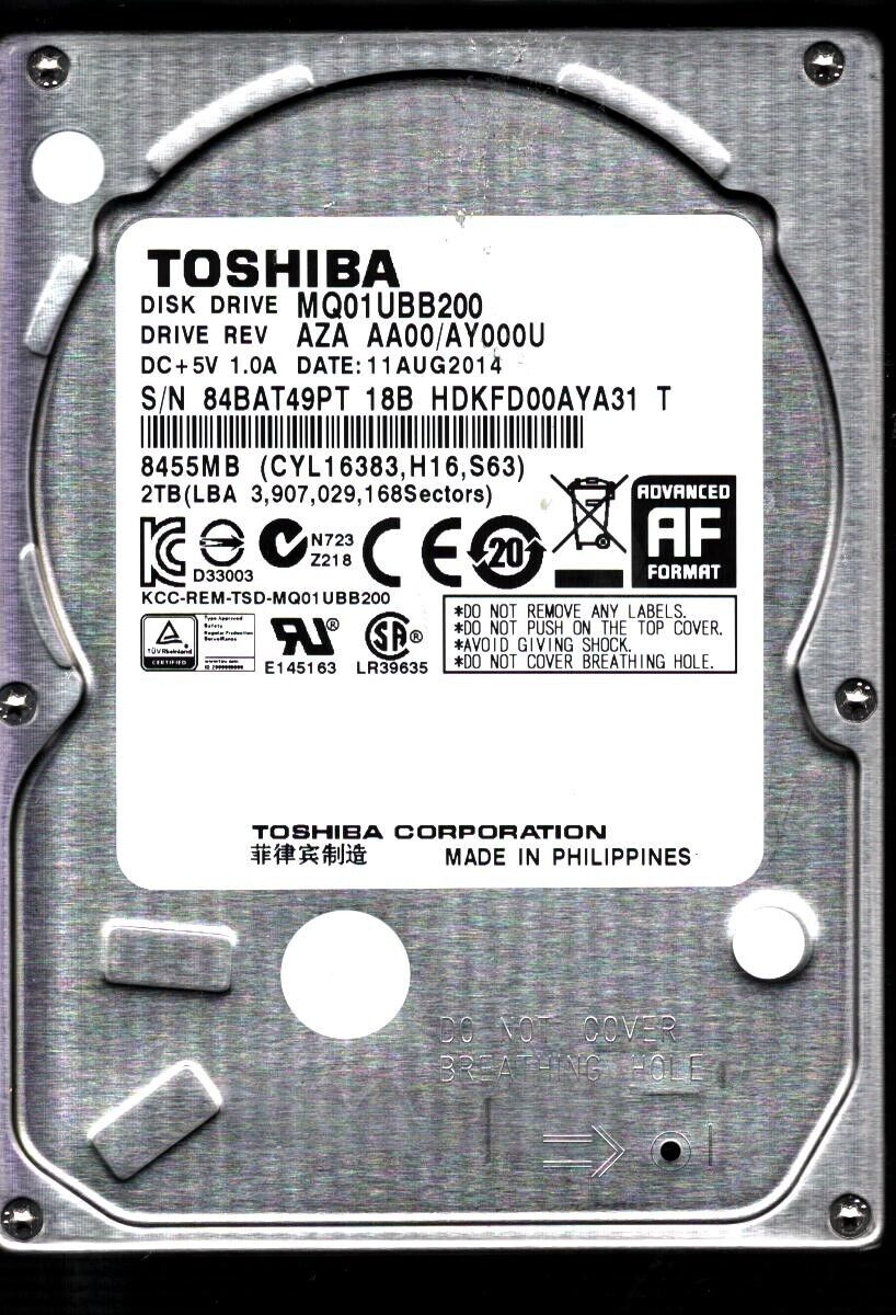 MQ01UBB200 HDKFD00AYA31 T REV:AZA AA00/AY000U 2TB AUG 2014 PHILIPPINES TOSHIBA