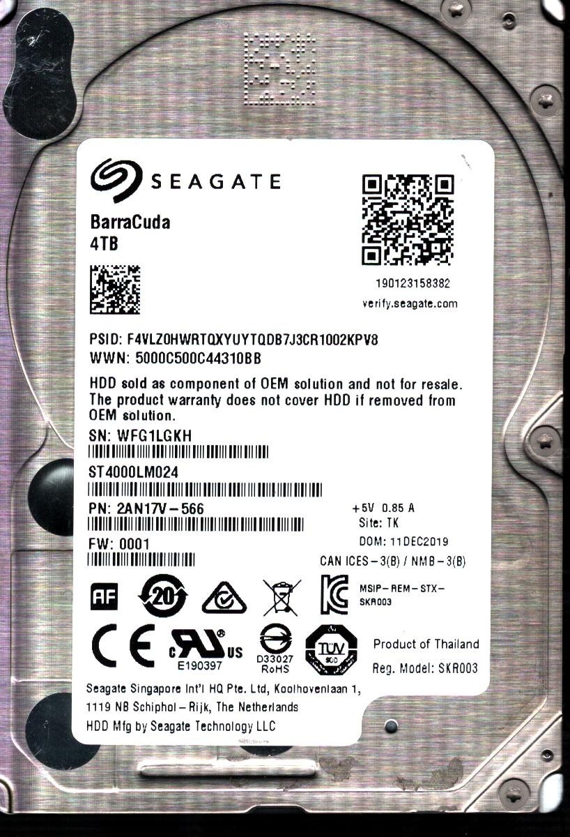 ST4000LM024 P/N: 2AN17V-566 F/W: 0001 S/N: WFG1 TK 4TB DEC 2019 THAILAND SEAGATE