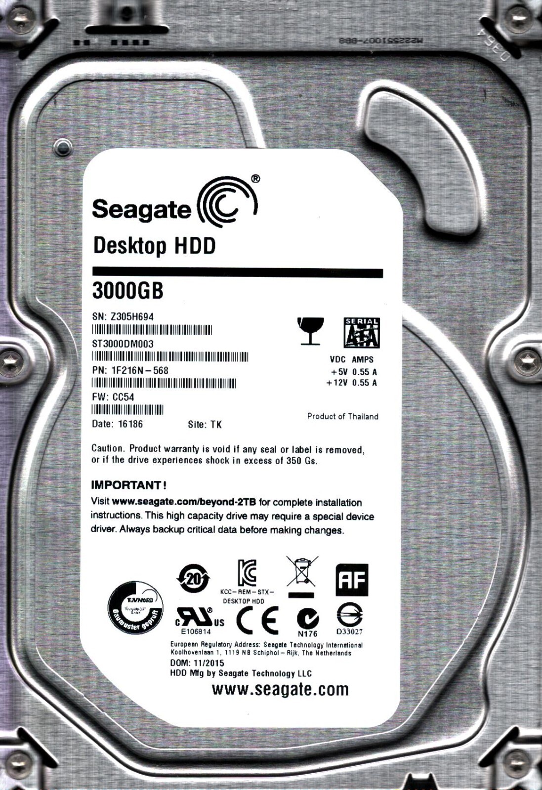 ST3000DM003 P/N: 1F216N-568 F/W: CC54 S/N: Z305 TK 3TB NOV 2015 THAILAND SEAGATE