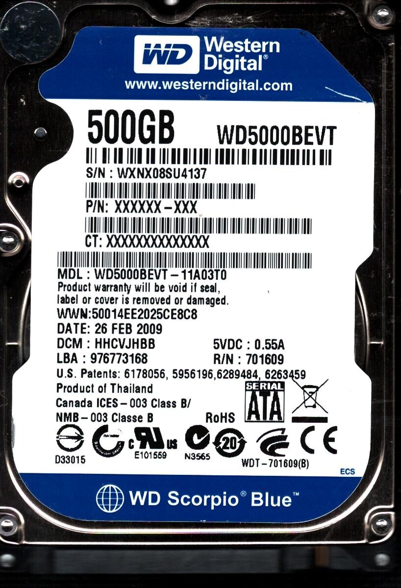 WD5000BEVT-11A03T0 S/N:WXNX DCM:HHCVJHBB WESTERN DIGITAL 500GB THAILAND FEB 2009