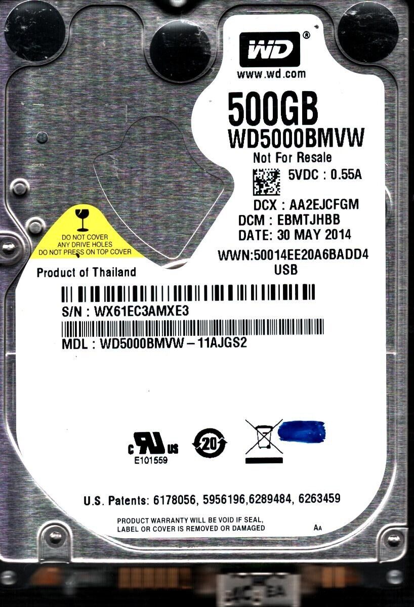 WD5000BMVW-11AJGS2 S/N:WX61 DCM:EBMTJHBB WESTERN DIGITAL 500GB THAILAND MAY 2014