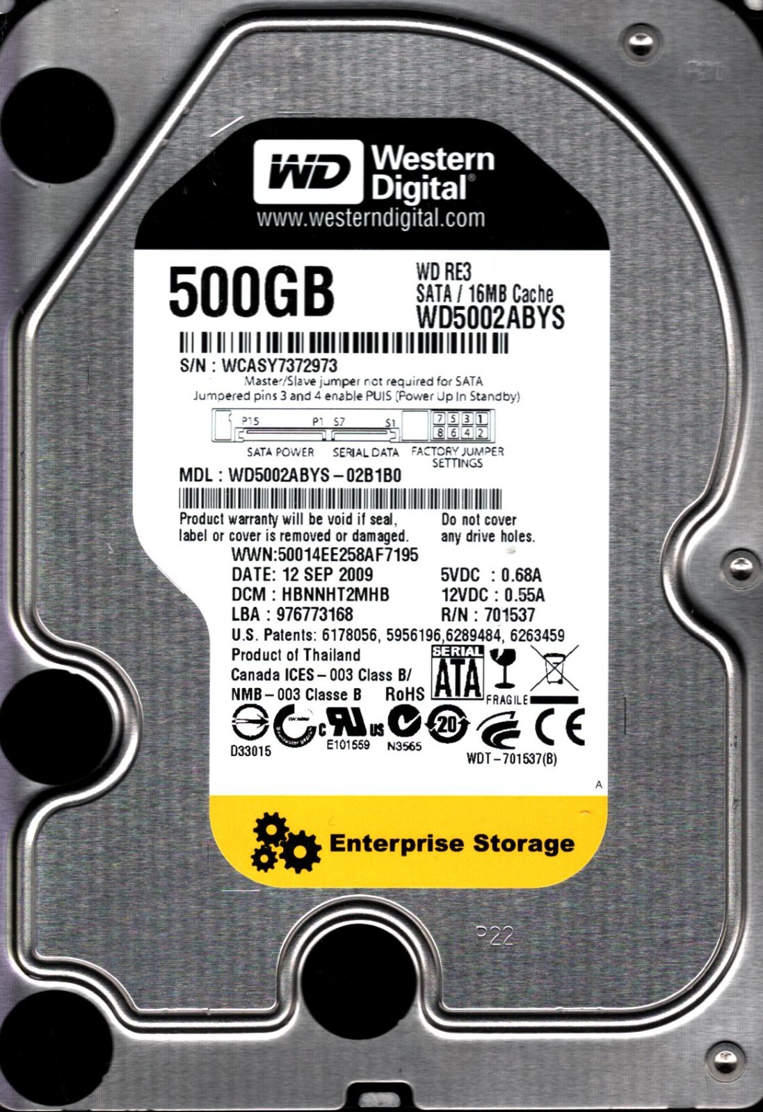 WD5002ABYS-02B1B0 DCM: HBNNHT2MHB WESTERN DIGITAL 500GB THAILAND SEP 2009
