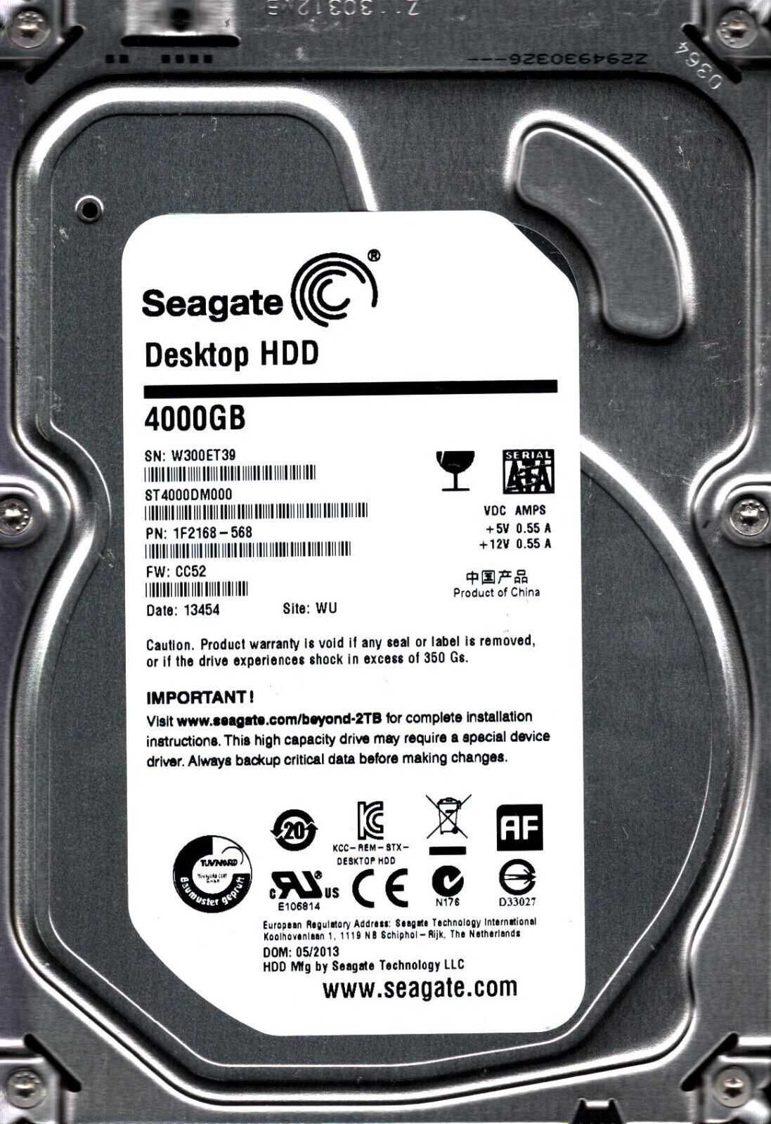 ST4000DM000 P/N: 1F2168-568 F/W: CC52 S/N: W300 WU 4TB MAY 2013 CHINA SEAGATE