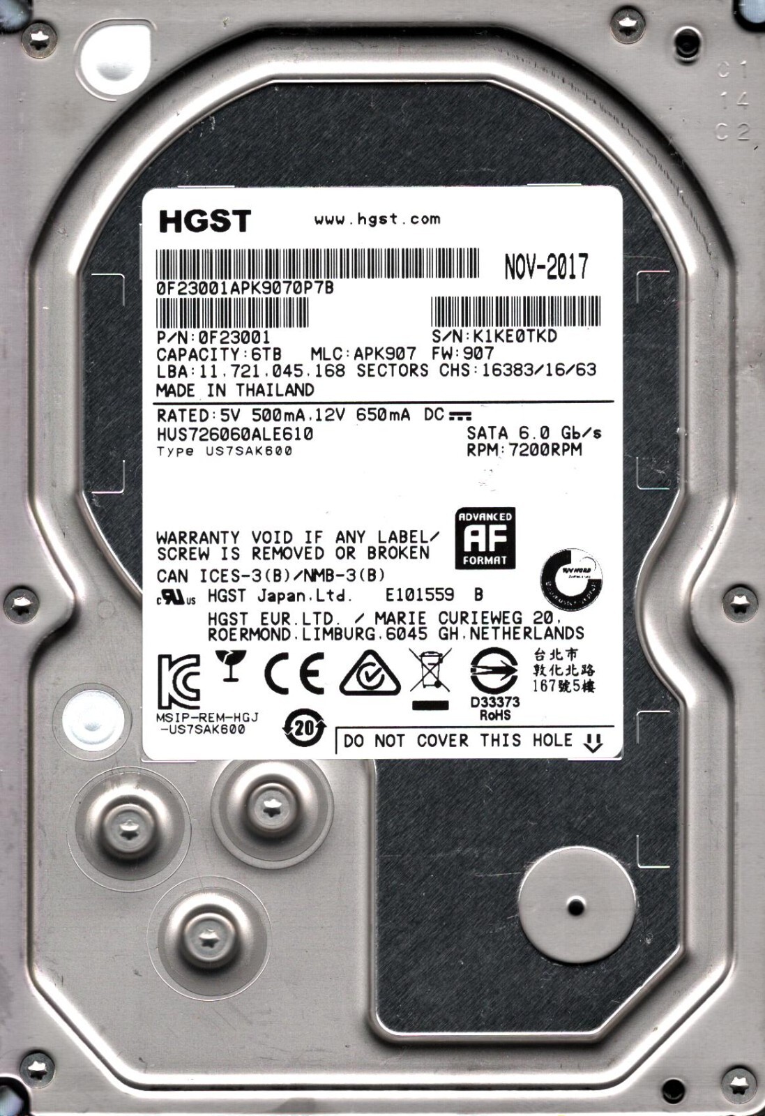 HUS726060ALE610 P/N:0F23001 MLC:APK907 FW:907 S/N:K1KE THAILAND NOV 2017 HGS 6TB