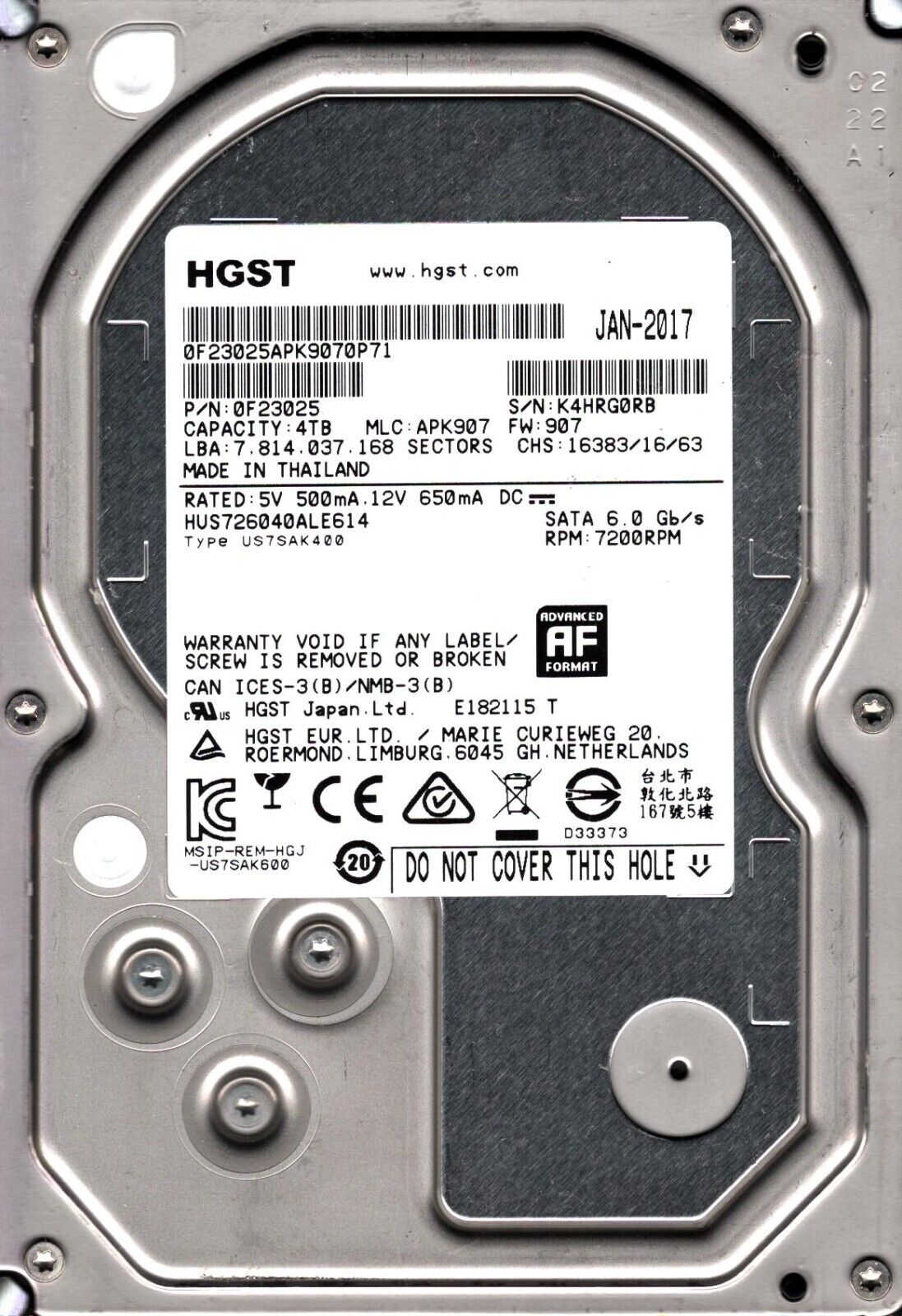 HUS726040ALE614 P/N: 0F23025 MLC: APK907 FW: 907 THAILAND JAN 2017 HGST 4TB