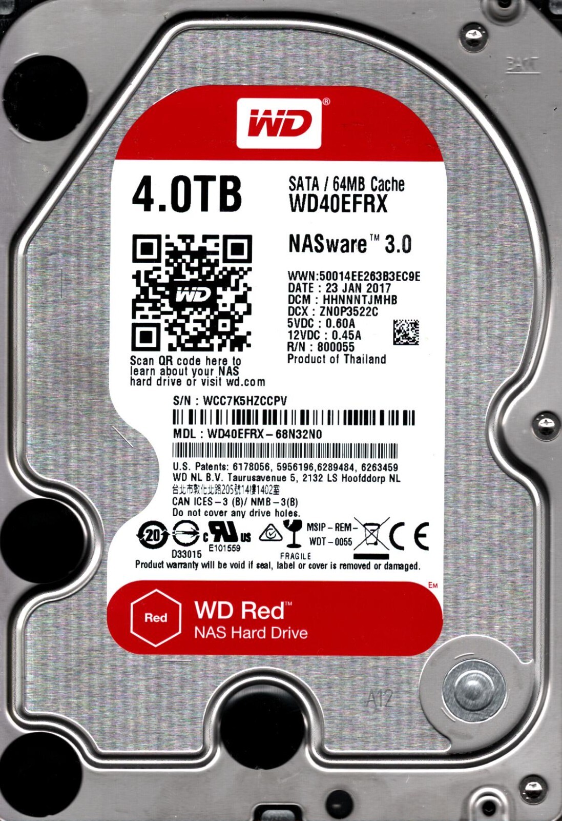 WD40EFRX-68N32N0 S/N:WCC7K DCM: HHNNNTJMHB WESTERN DIGITAL 4TB THAILAND JAN 2017