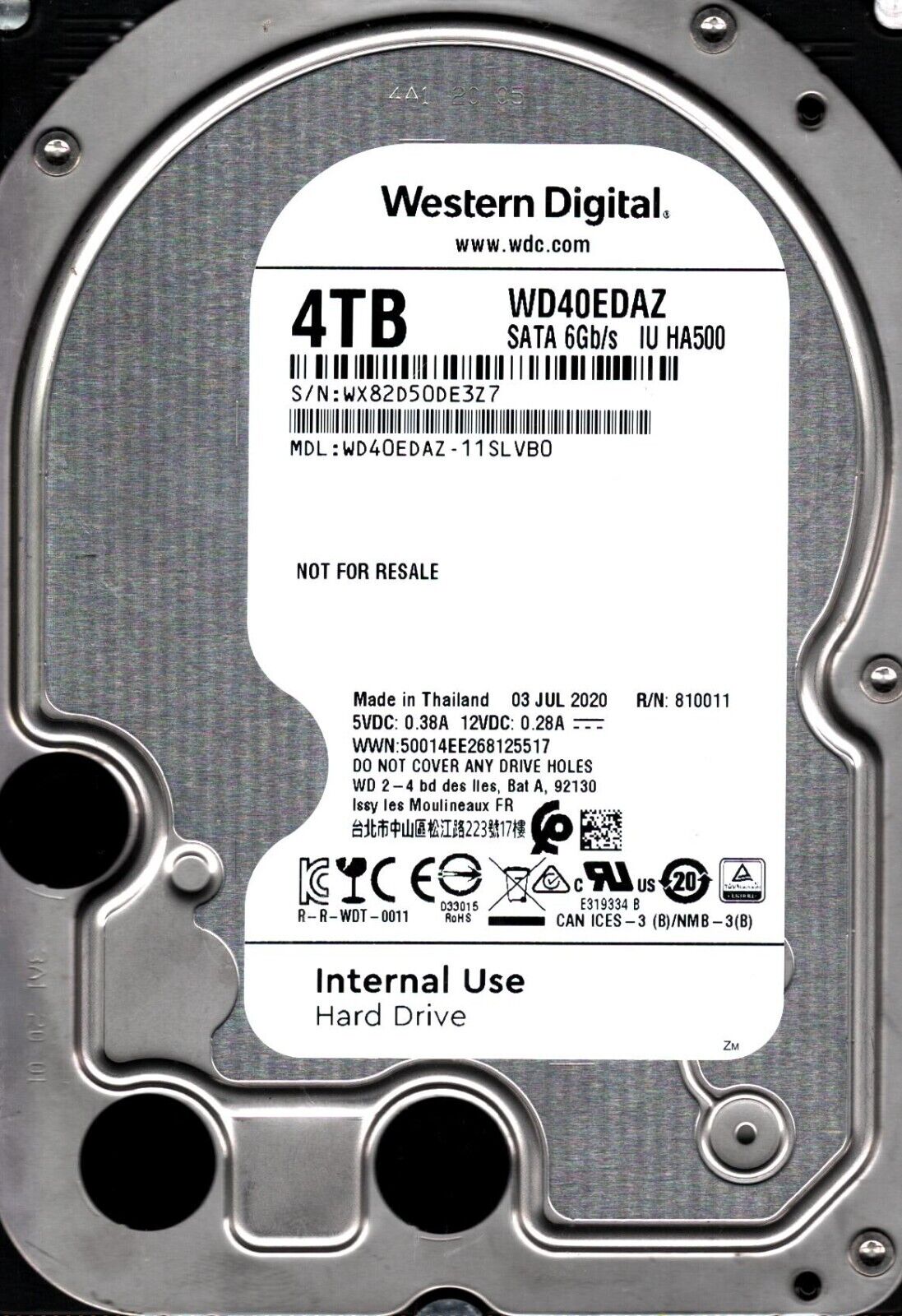 WD40EDAZ-11SLVB0 S/N: WX82D WESTERN DIGITAL 4TB THAILAND JUL 2020