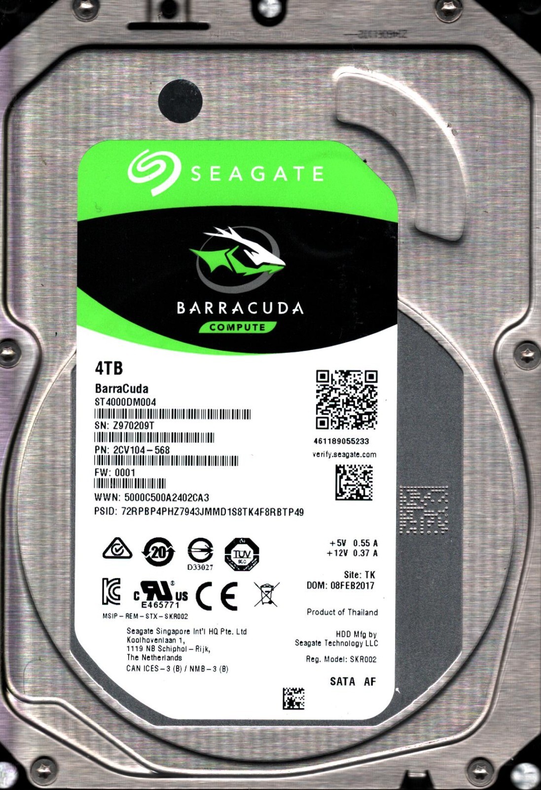 ST4000DM004 P/N: 2CV104-568 F/W: 0001 S/N: Z970 TK 4TB FEB 2017 THAILAND SEAGATE