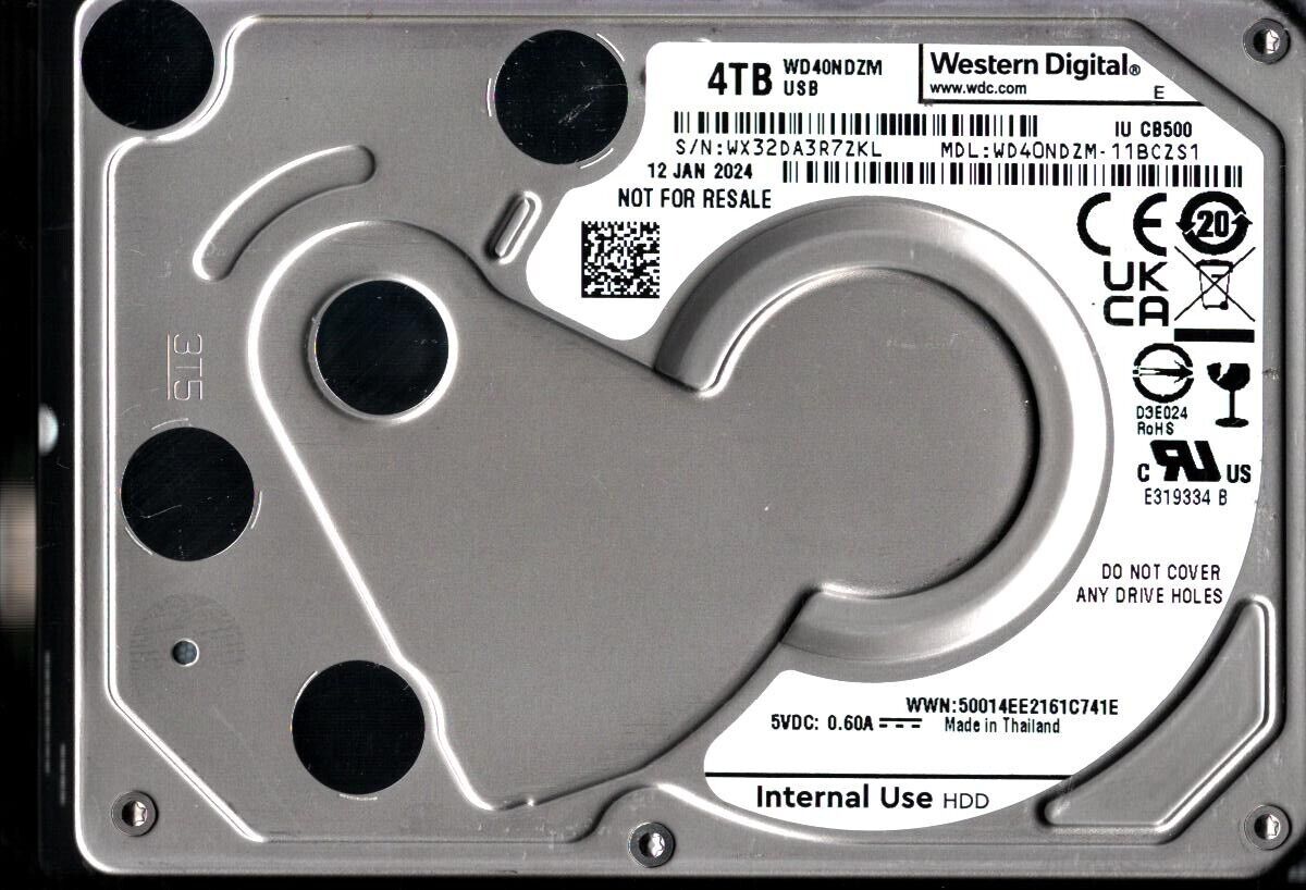 WD40NDZM-11BCZS1 S/N: WX32D WESTERN DIGITAL 4TB THAILAND JAN 2024