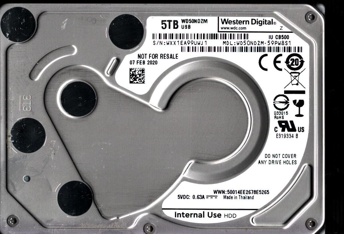 WD50NDZM-59PW8S1 S/N: WXX1E WESTERN DIGITAL 5TB THAILAND FEB 2020