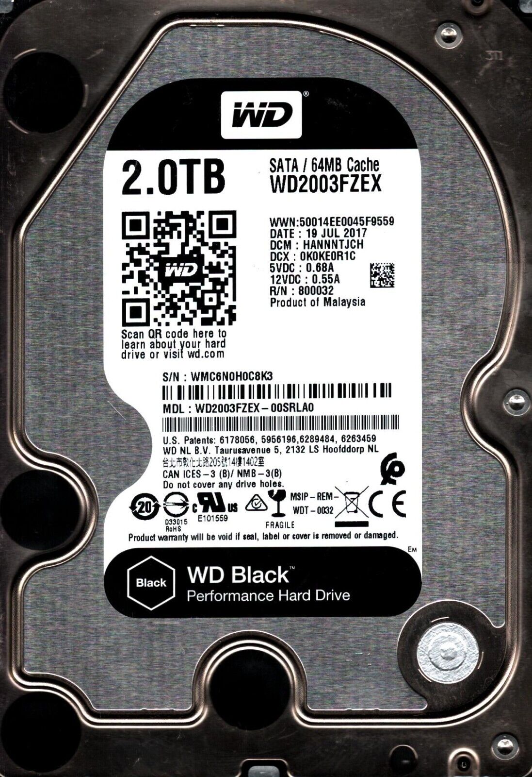 WD2003FZEX-00SRLA0 S/N:WMC6N DCM:HANNNTJCH WESTERN DIGITAL 2TB MALAYSIA JUL 2017