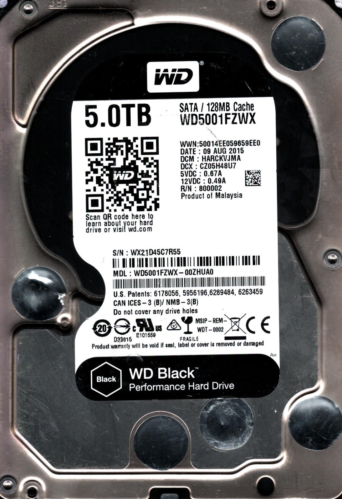 WD5001FZWX-00ZHUA0 S/N:WX21D DCM:HARCKVJMA WESTERN DIGITAL 5TB MALAYSIA AUG 2015