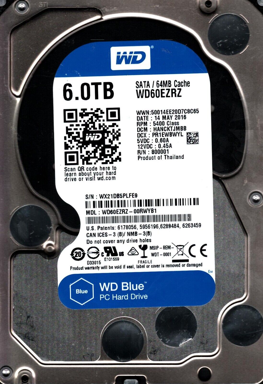 WD60EZRZ-00RWYB1 S/N:WX21D DCM:HANCKTJMBB 6TB WESTERN DIGITAL THAILAND MAY 2016