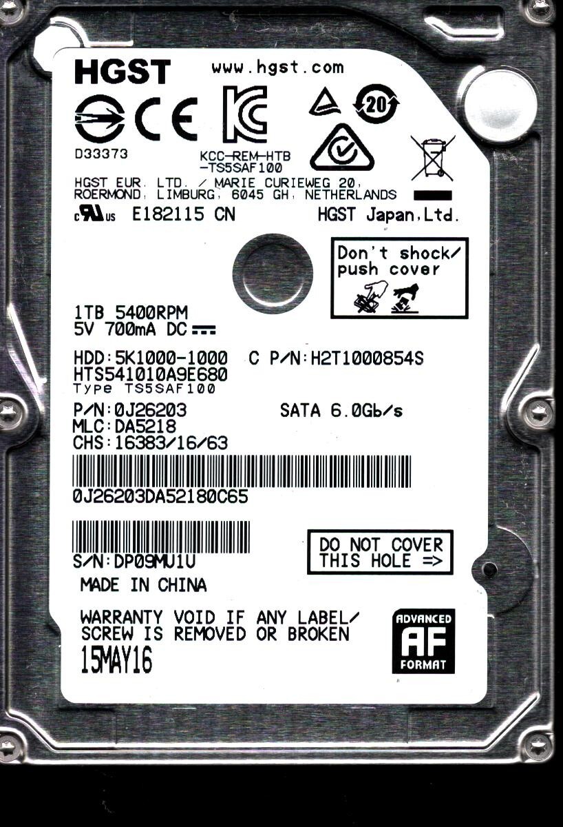 HTS541010A9E680 P/N: 0J26203 MLC: DA5218 CHINA MAY 2016 HGST 1TB