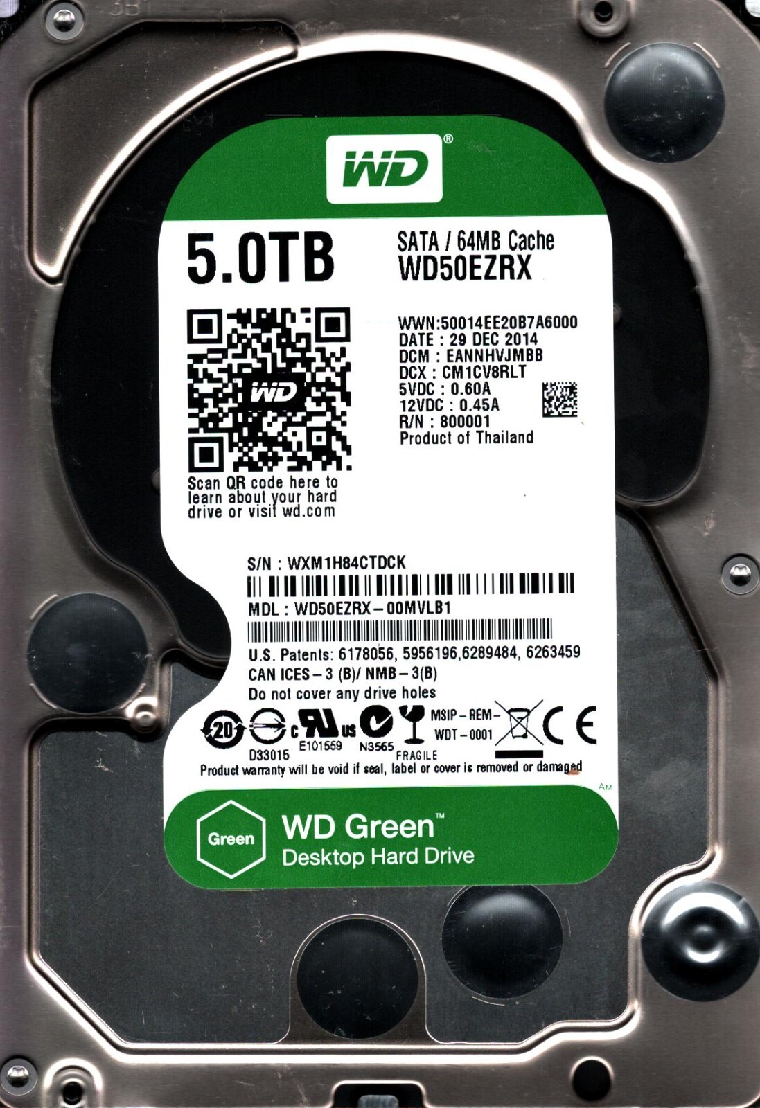 WD50EZRX-00MVLB1 S/N:WXM1H DCM: EANNHVJMBB WESTERN DIGITAL 5TB THAILAND DEC 2014