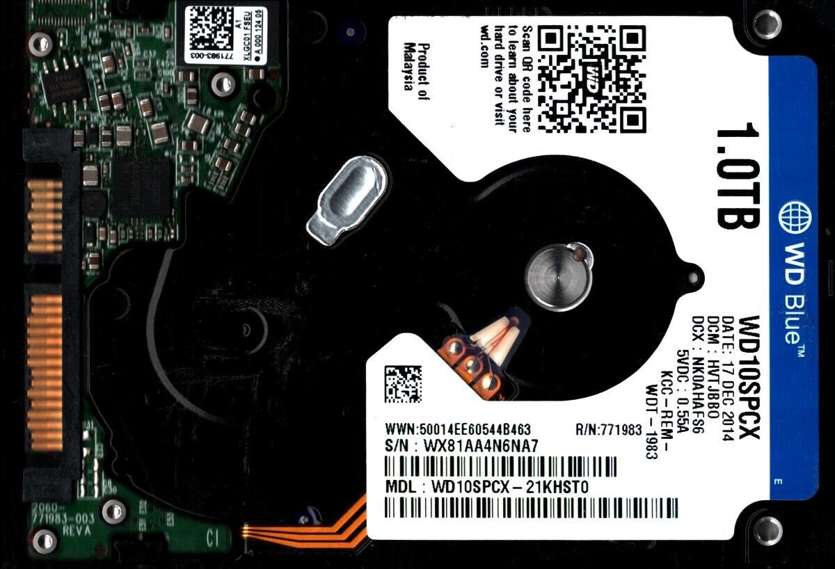 WD10SPCX-21KHST0 S/N:WX81A DCM:HVTJBB0 WESTERN DIGITAL 1TB MALAYSIA DEC 2014