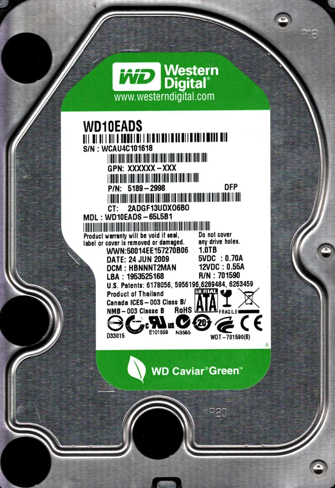WD10EADS-65L5B1 S/N: WCAU4 DCM: HBNNNT2MAN WESTERN DIGITAL 1TB THAILAND JUN 2009