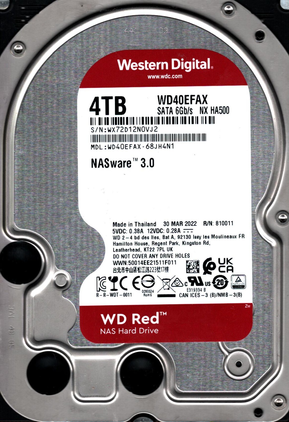 WD40EFAX-68JH4N1 S/N: WX72D WESTERN DIGITAL 4TB THAILAND MAR 2022