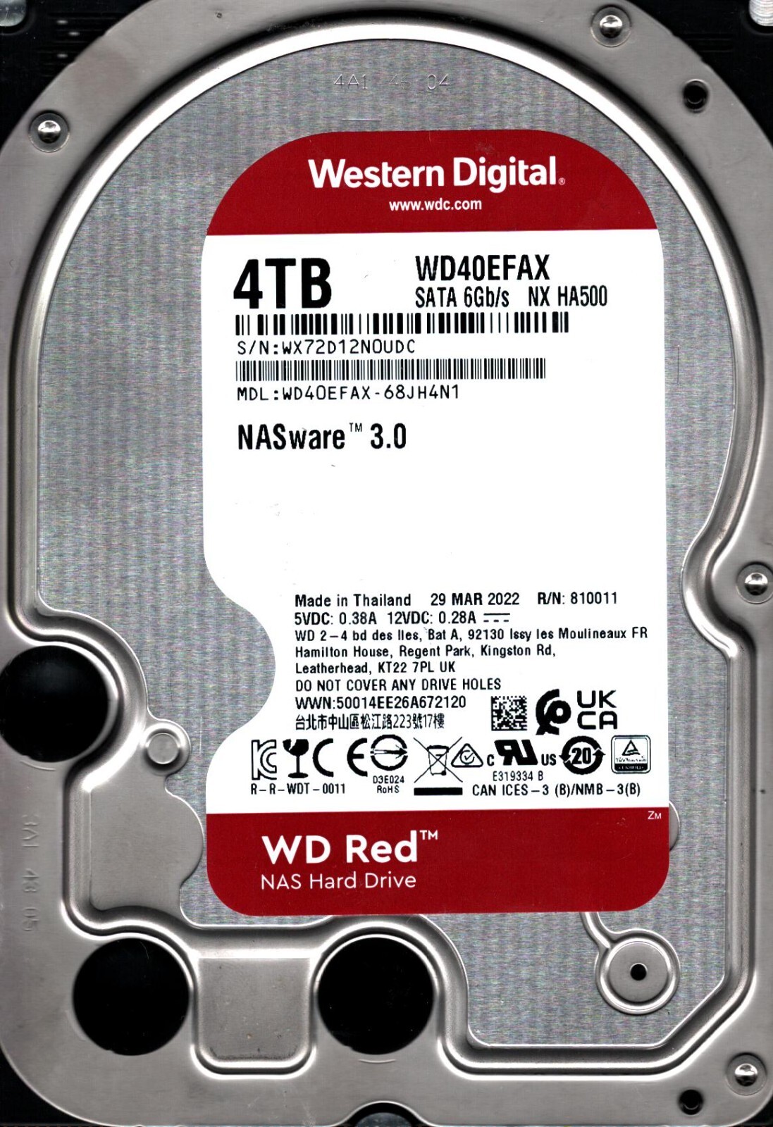 WD40EFAX-68JH4N1 S/N: WX72D WESTERN DIGITAL 4TB THAILAND MAR 2022
