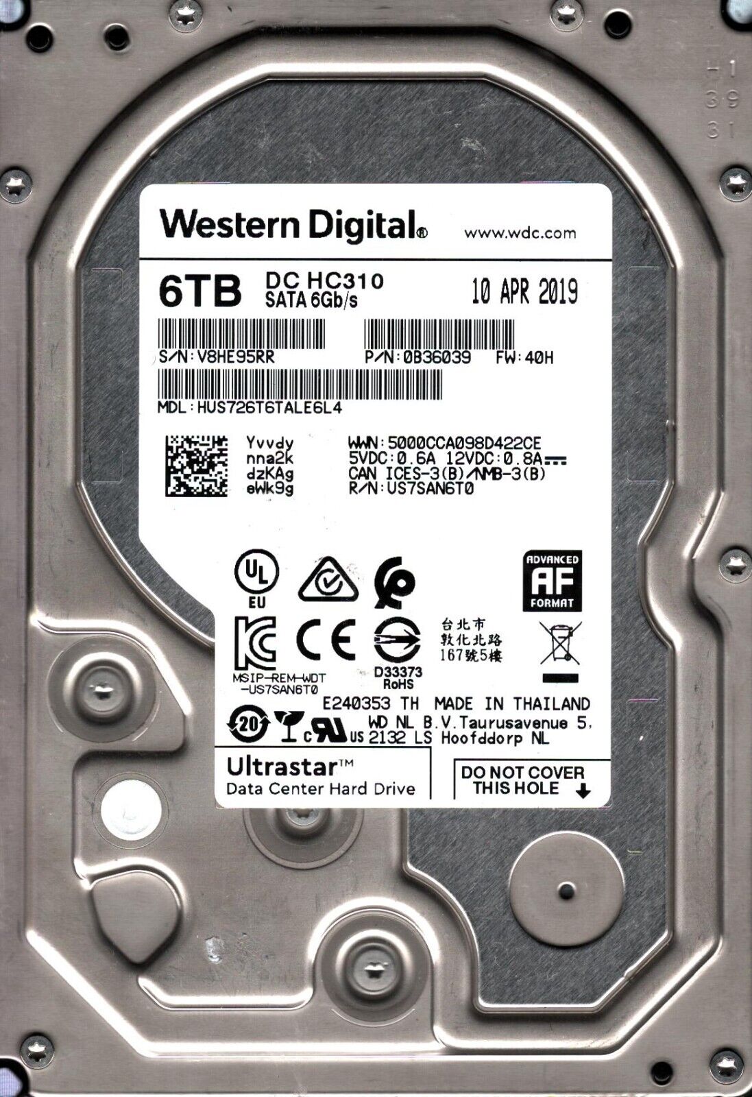 HUS726T6TALE6L4 VK9804 P/N: 0B36039 FW:40H WESTERN DIGITAL 6TB THAILAND APR 2019
