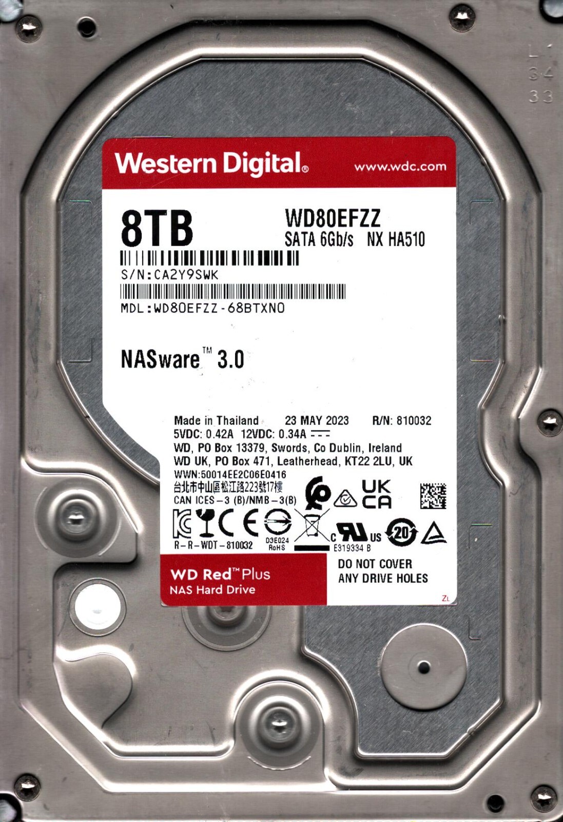 WD80EFZZ-68BTXN0 S/N: CA2Y9 WESTERN DIGITAL 8TB THAILAND MAY 2023