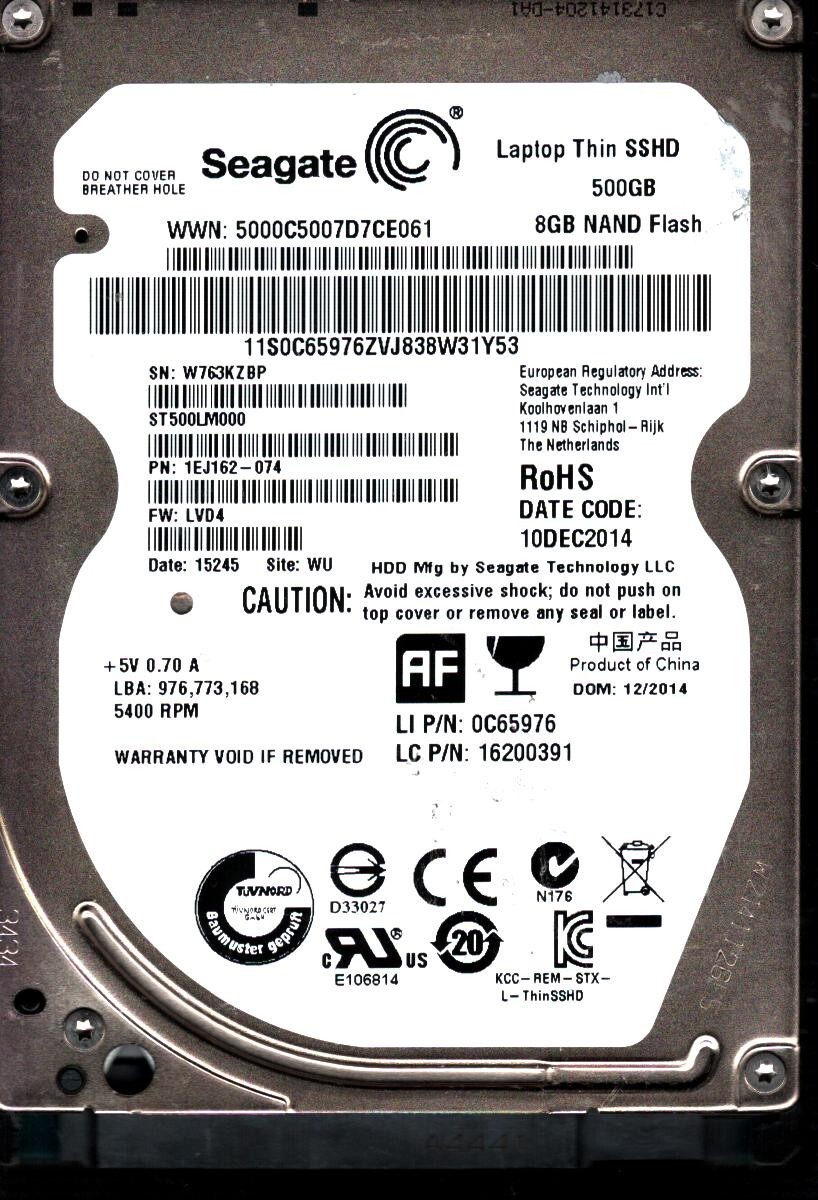 ST500LM000 P/N: 1EJ162-074 F/W: LVD4 S/N: W763 WU 500GB DEC 2014 CHINA SEAGATE