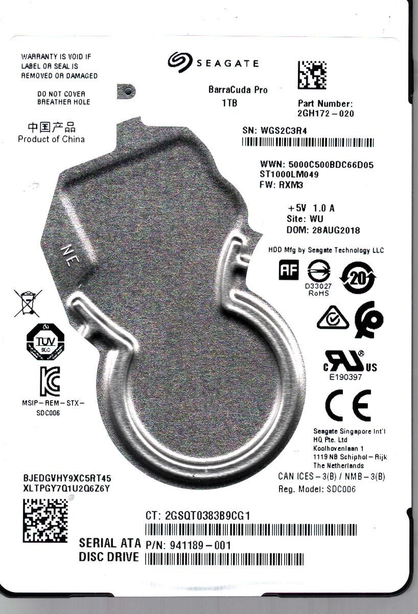 ST1000LM049 P/N: 2GH172-020 F/W: RXM3 S/N: WGS2 WU 1TB AUG 2018 CHINA SEAGATE