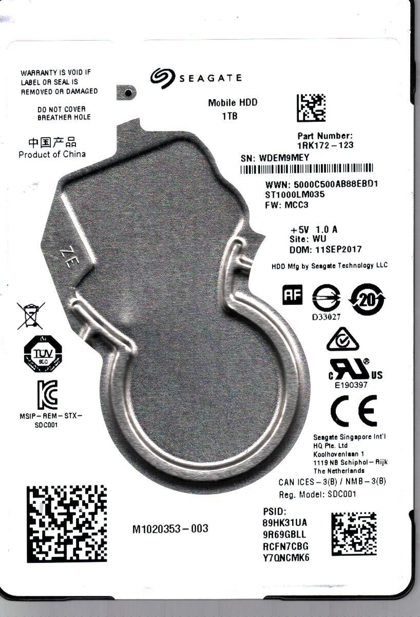 ST1000LM035 P/N:1RK172-123 F/W: MCC3 S/N: WDEM WU 1TB SEP 2017 CHINA SEAGATE
