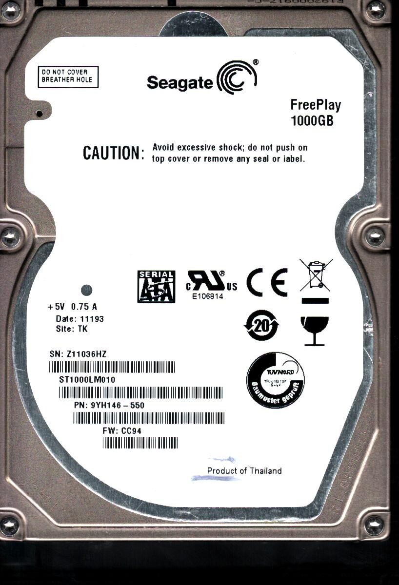 ST1000LM010 P/N: 9YH146-550 F/W: CC94 S/N: Z110 TK 1TB 11193 THAILAND SEAGATE