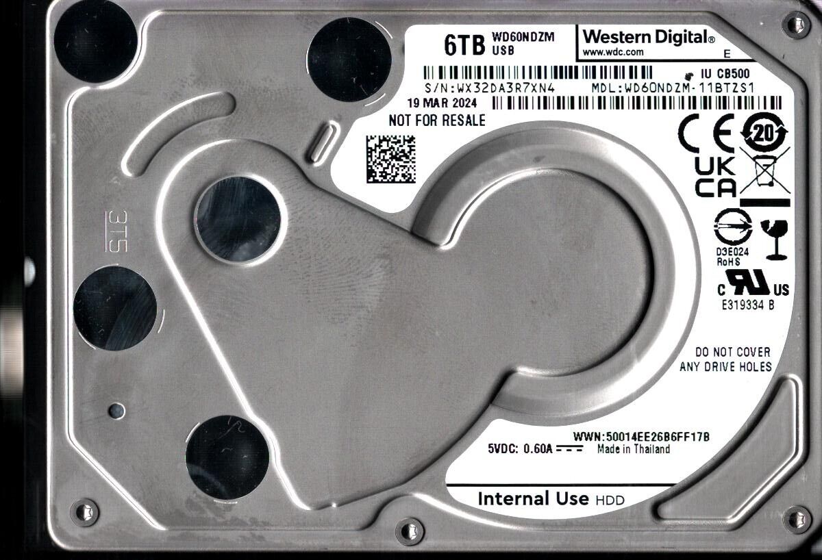 WD60NDZM-11BTZS1 S/N: WX32D WESTERN DIGITAL 6TB THAILAND MAR 2024