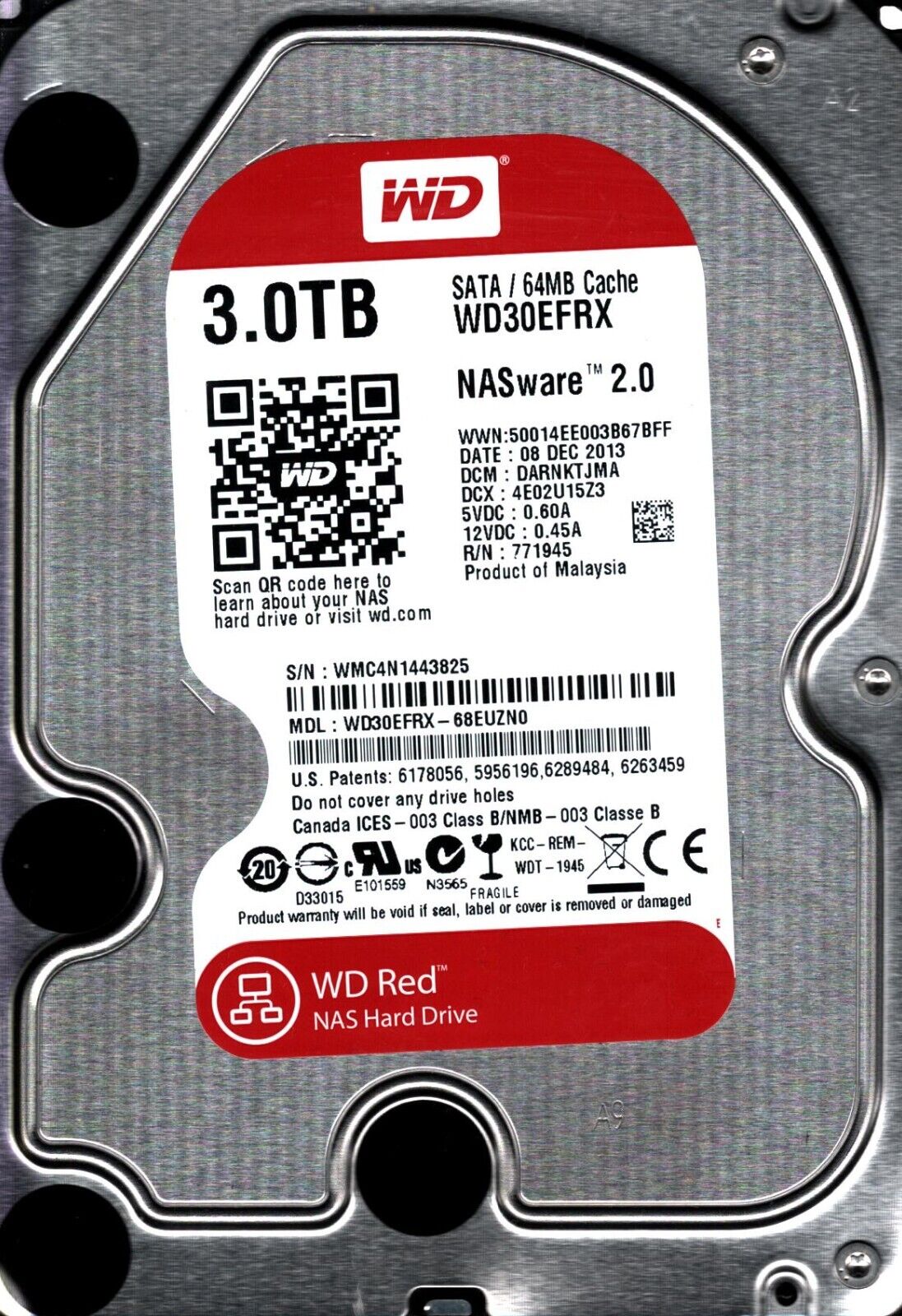 WD30EFRX-68EUZN0 S/N: WMC4N DCM: DARNKTJMA WESTERN DIGITAL 3TB MALAYSIA DEC 2013