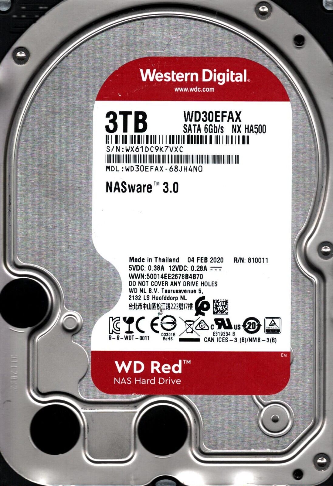 WD30EFAX-68JH4N0 S/N: WX61D WESTERN DIGITAL 3TB THAILAND FEB 2020