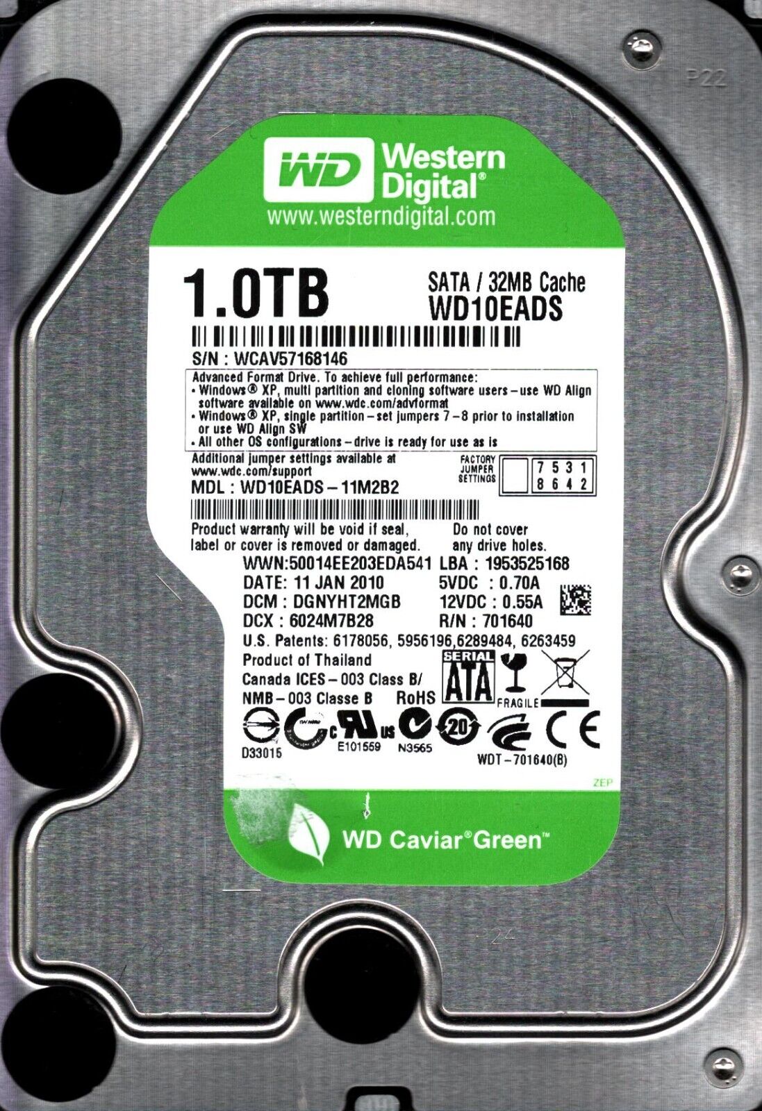 WD10EADS-11M2B2 S/N: WCAV5 DCM: DGNYHT2MGB WESTERN DIGITAL 1TB THAILAND JAN 2010
