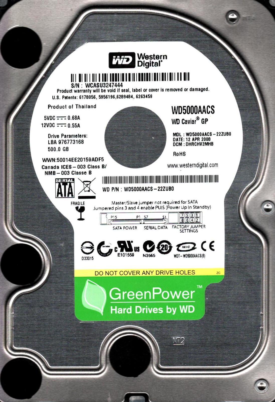 WD5000AACS-22ZUB0 S/N:WCA DCM:DHRCHV2MHB WESTERN DIGITAL 500GB THAILAND APR 2008