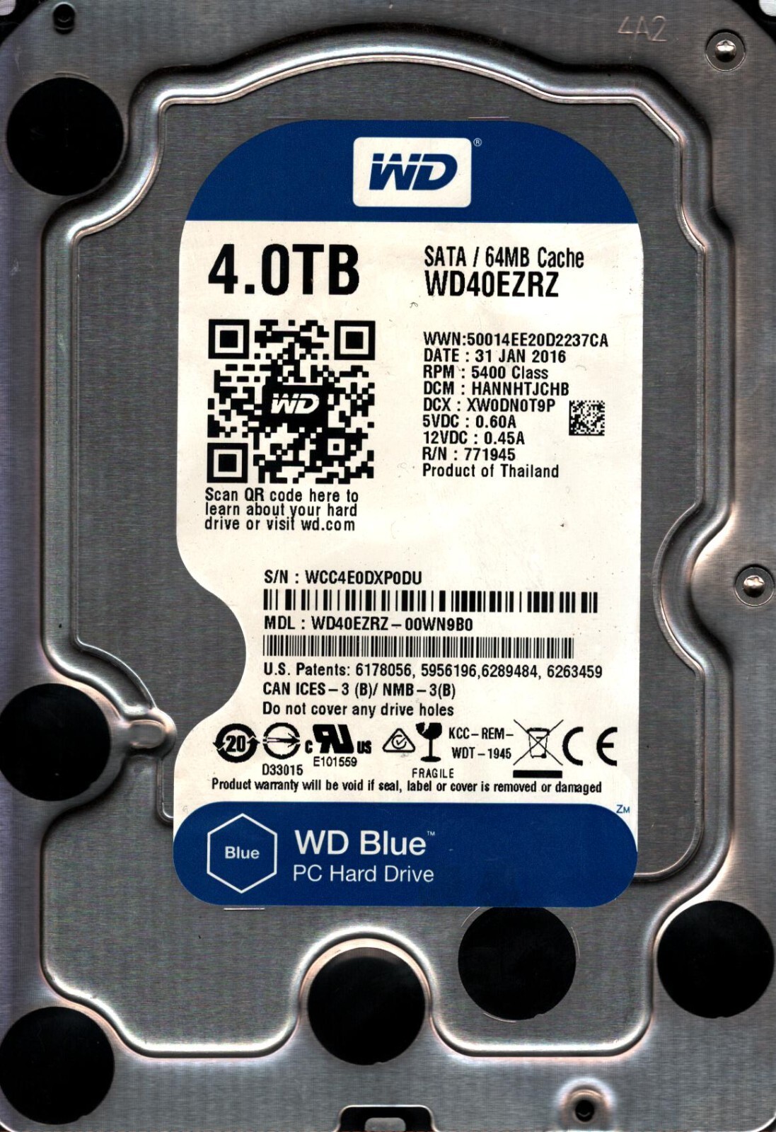 WD40EZRZ-00WN9B0 S/N:WCC4E DCM:HANNHTJCHB WESTERN DIGITAL 4TB THAILAND JAN 2016