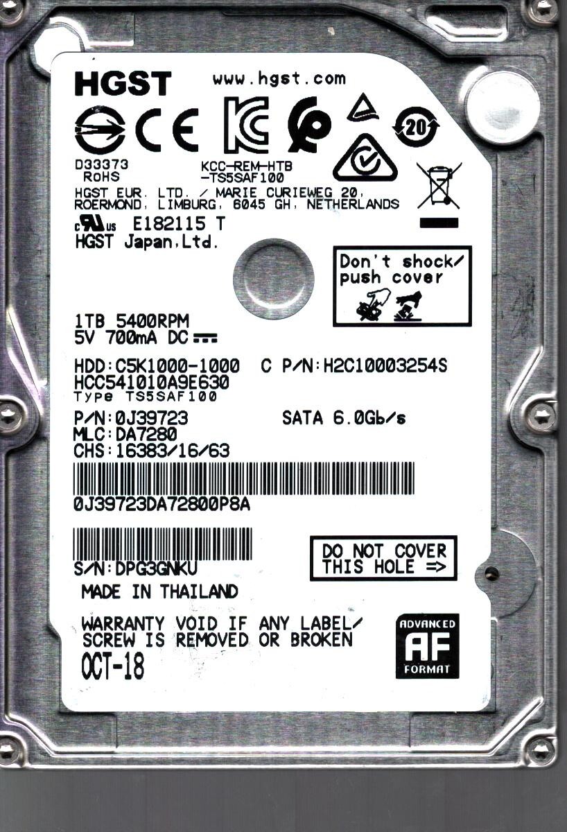 HCC541010A9E630 P/N: 0J39723 MLC: DA7280 THAILAND OCT 2018 HGST 1TB