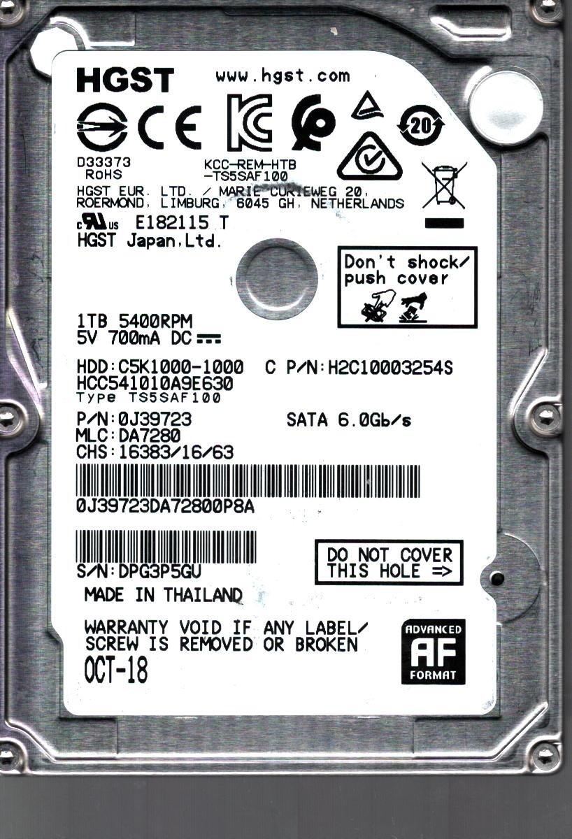 HCC541010A9E630 P/N: 0J39723 MLC: DA7280 THAILAND OCT 2018 HGST 1TB