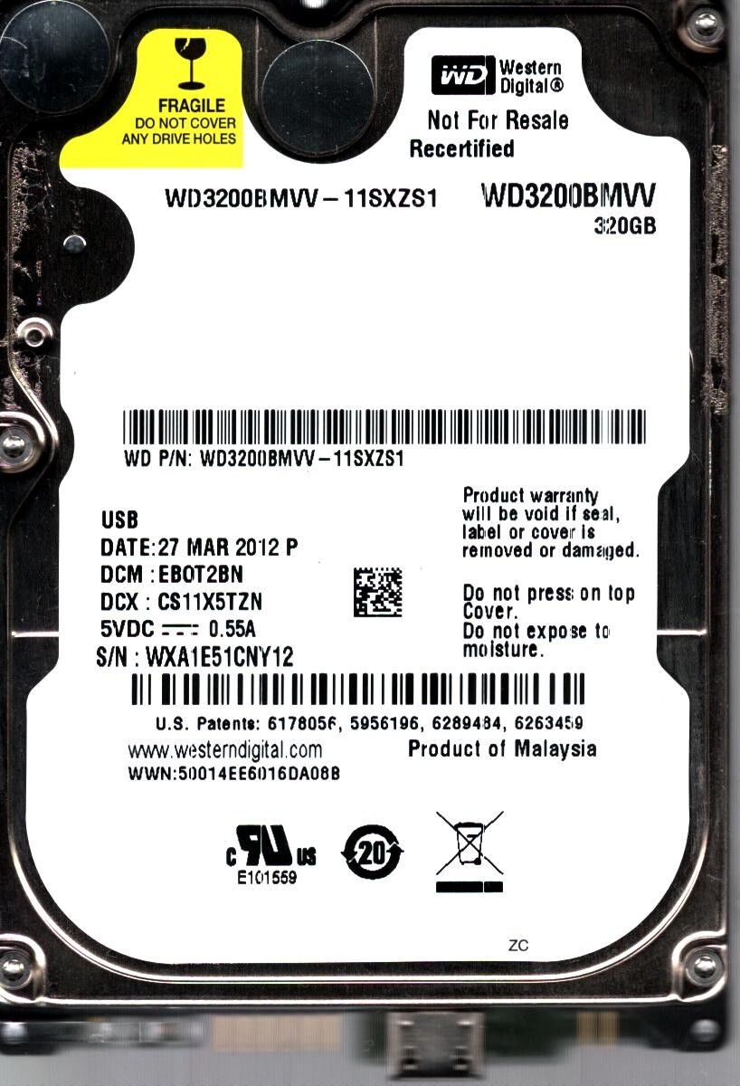WD3200BMVV-11SXZS1 S/N:WXA1E DCM:EB0T2BN WESTERN DIGITAL 320GB MALAYSIA MAR 2012