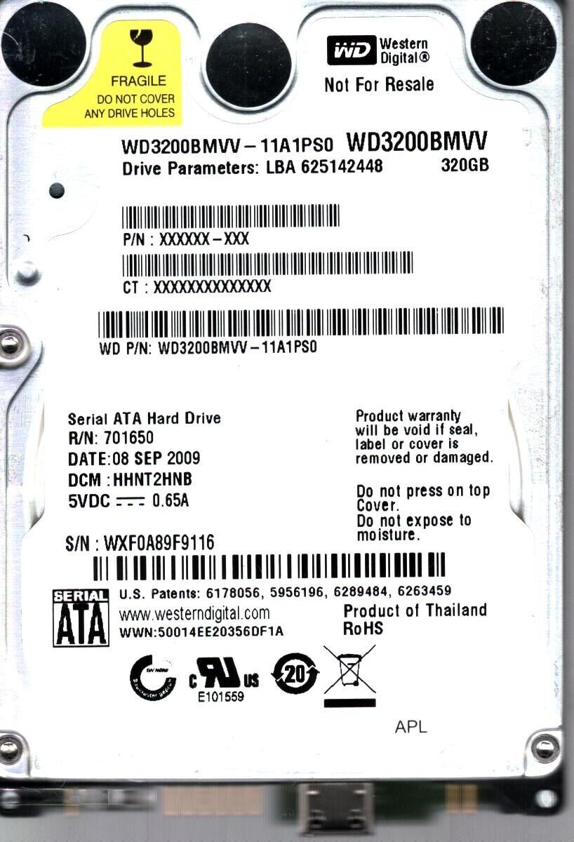 WD3200BMVV-11A1PS0 S/N:WXF0 DCM:HHNT2HNB WESTERN DIGITAL 320GB THAILAND SEP 2009