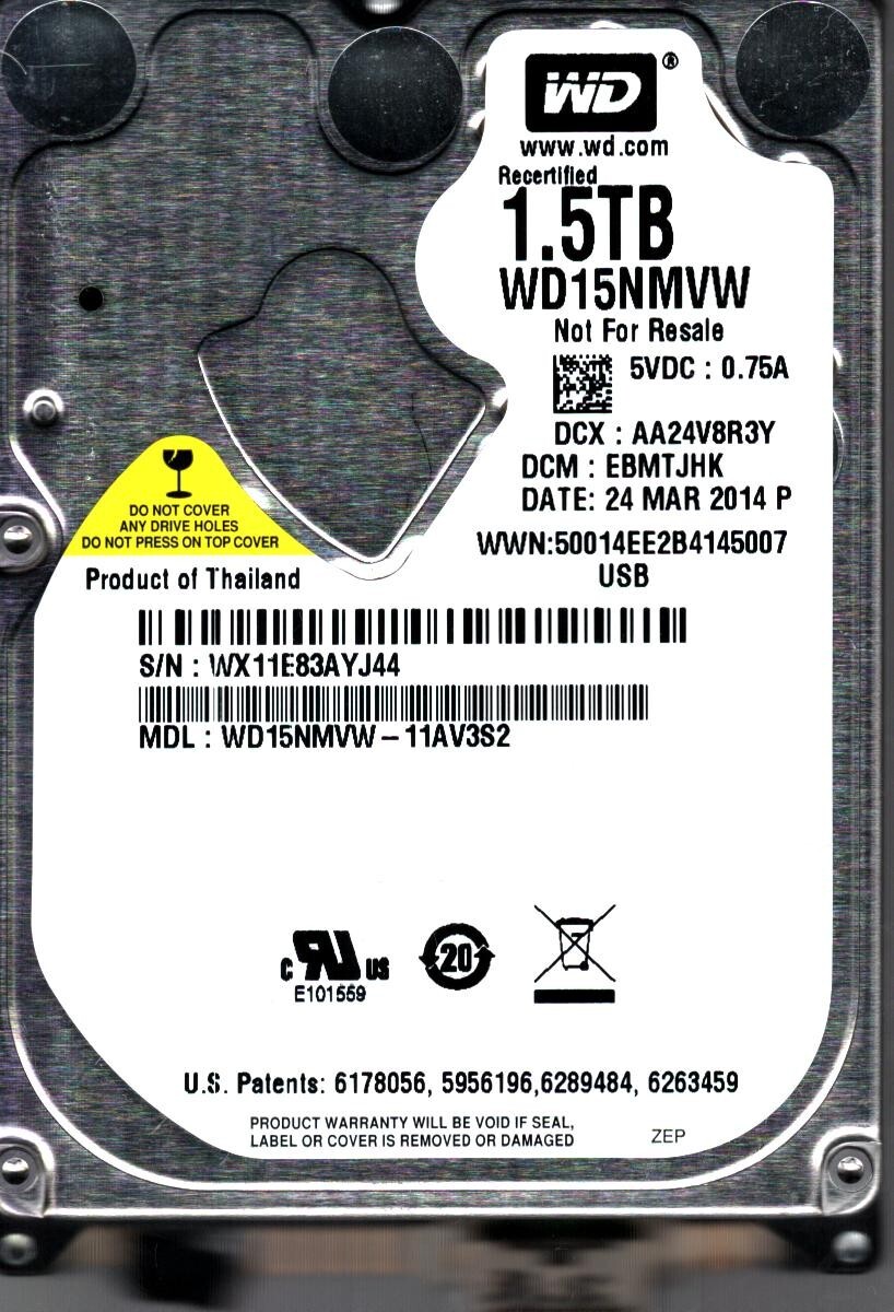 WD15NMVW-11AV3S2 S/N:WX11 DCM:EBMTJHK WESTERN DIGITAL 1.5TB THAILAND 24 MAR 2014