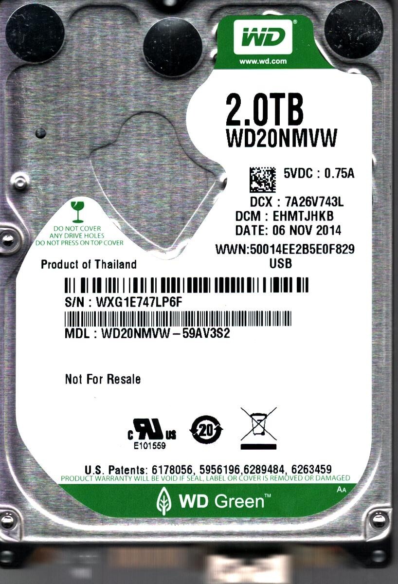 WD20NMVW-59AV3S2 S/N: WXG1E DCM: EHMTJHKB WESTERN DIGITAL 2TB THAILAND NOV 2014