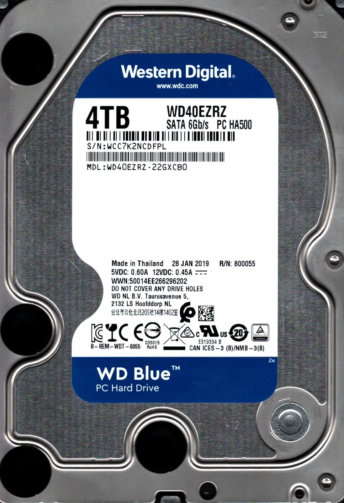WD40EZRZ-22GXCB0 S/N: WCC7K WESTERN DIGITAL 4TB THAILAND JAN 2019