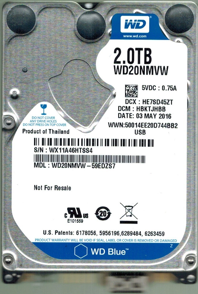 WD20NMVW-59EDZS7 S/N: WX11A DCM: HBKTJHBB WESTERN DIGITAL 2TB THAILAND MAY 2016