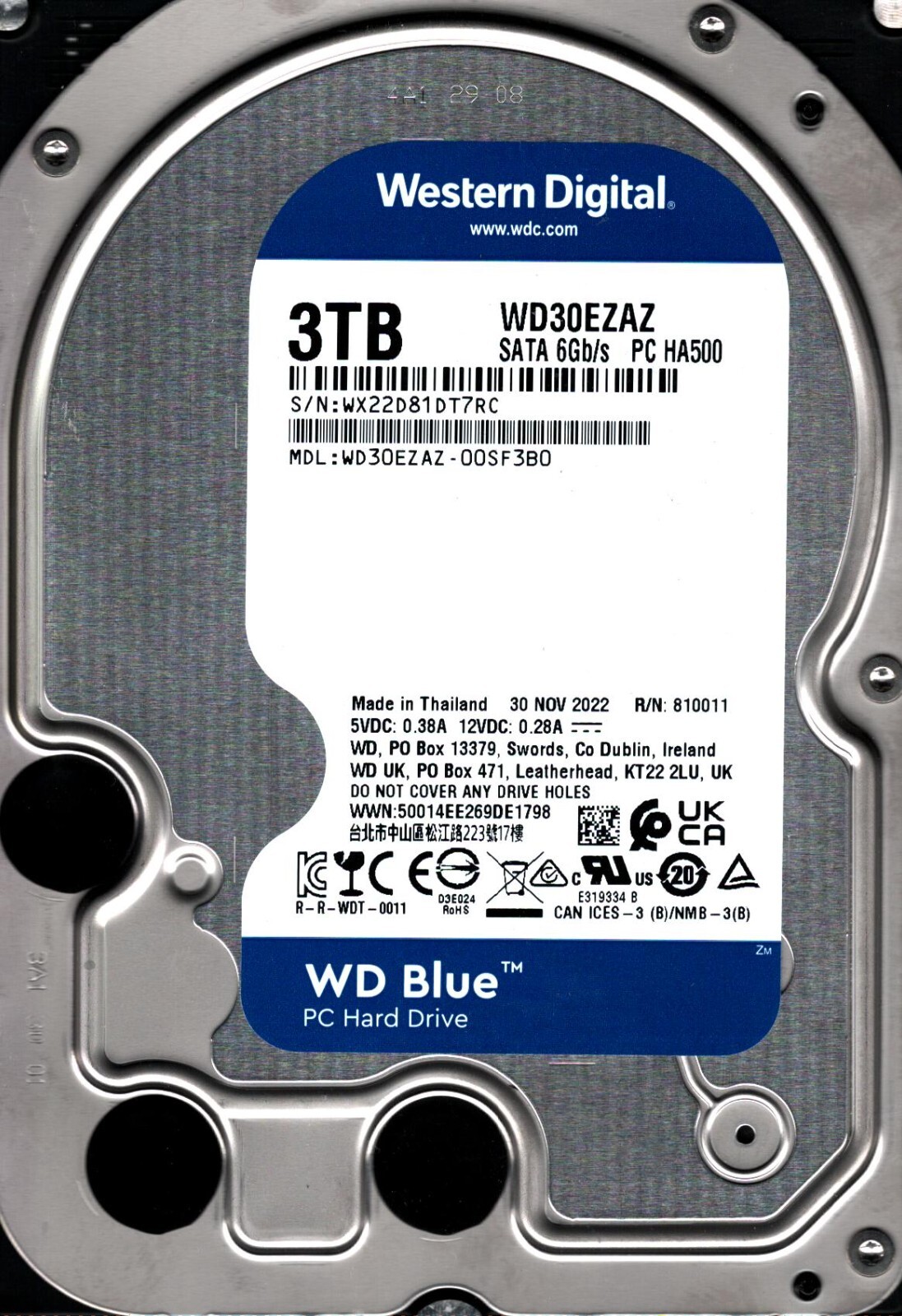 WD30EZAZ-00SF3B0 S/N: WX22D WESTERN DIGITAL 3TB THAILAND NOV 2022