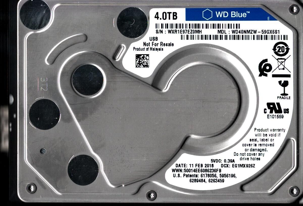 WD40NMZW-59GX6S1 S/N: WXR1E WESTERN DIGITAL 4TB MALAYSIA FEB 2018 DCX: EG1MX926Z
