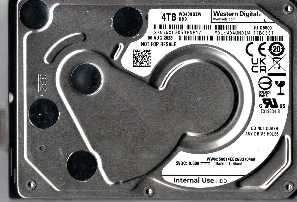 WD40NDZW-11BCSS1 S/N: WXL2D WESTERN DIGITAL 4TB THAILAND AUG 2023