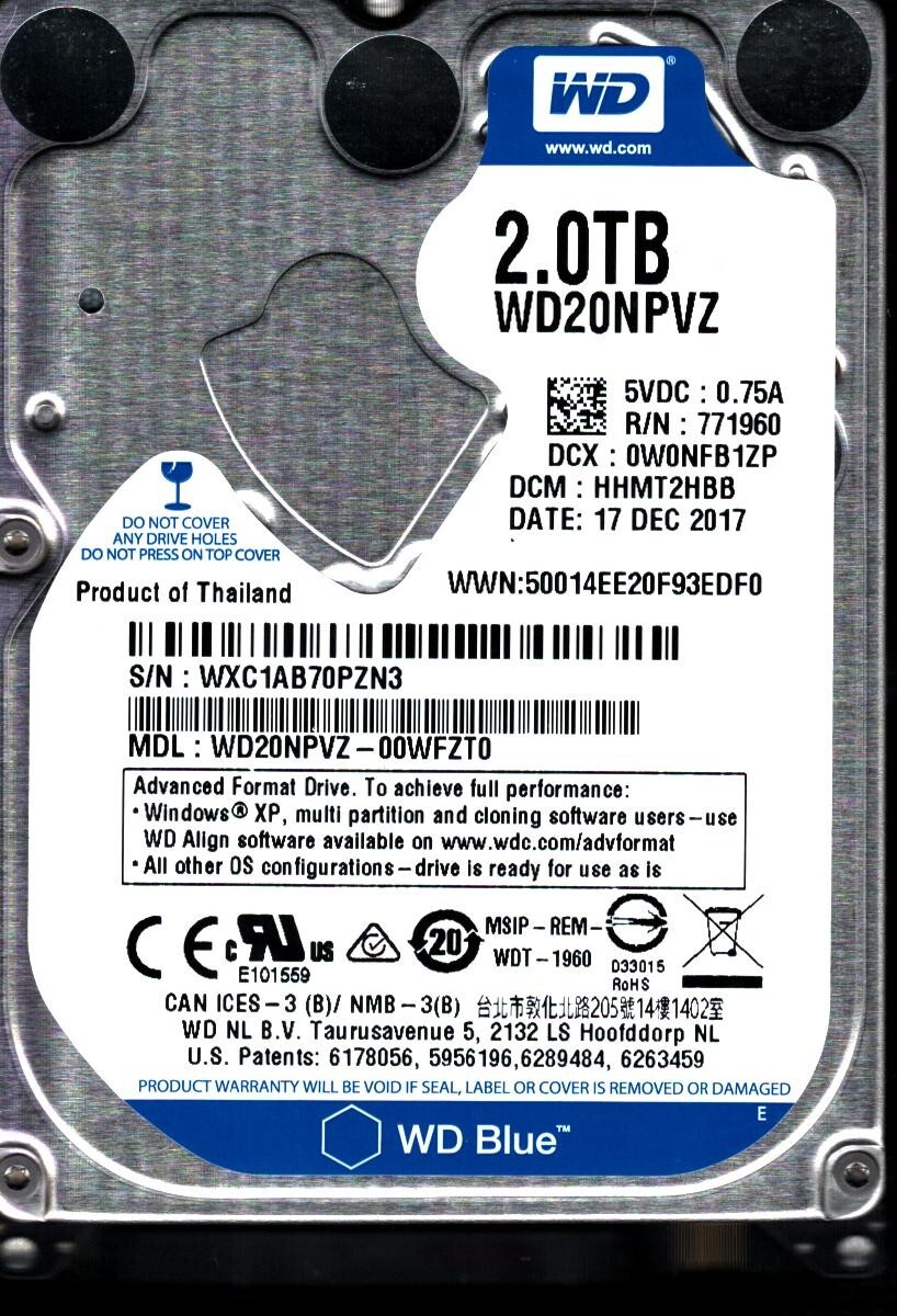 WD20NPVZ-00WFZT0 S/N: WXC1A DCM: HHMT2HBB WESTERN DIGITAL 2TB THAILAND DEC 2017