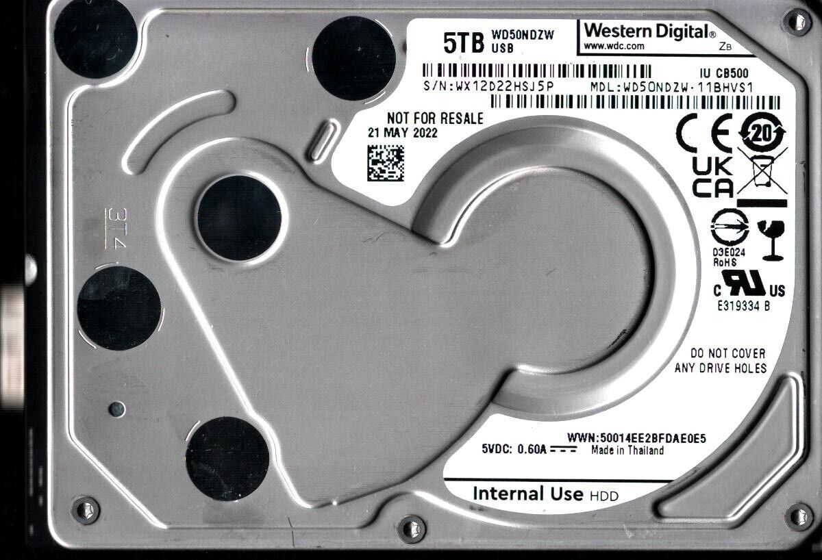WD50NDZW-11BHVS1 S/N: WX12D WESTERN DIGITAL 5TB THAILAND MAY 2022