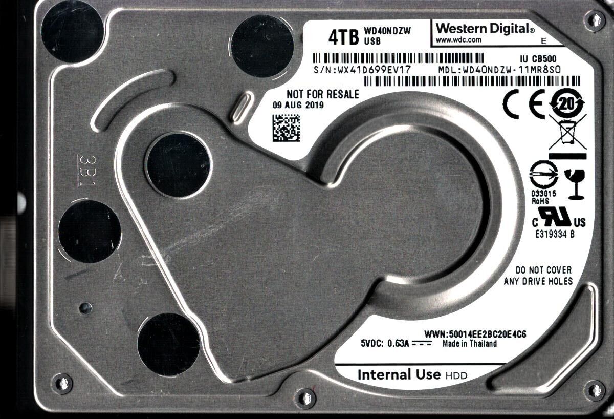 WD40NDZW-11MR8S0 S/N: WX41D WESTERN DIGITAL 4TB THAILAND AUG 2019