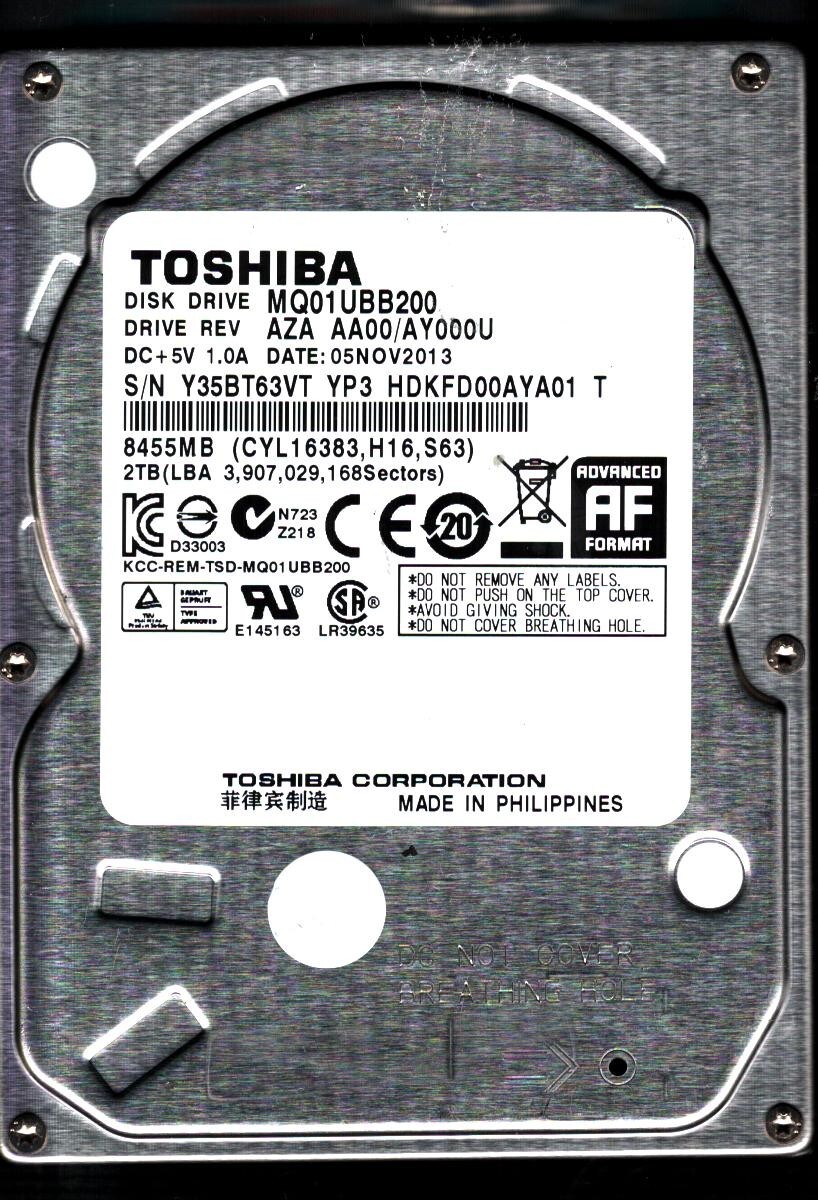 MQ01UBB200 HDKFD00AYA01 T REV:AZA AA00/AY000U 2TB NOV 2013 PHILIPPINES TOSHIBA